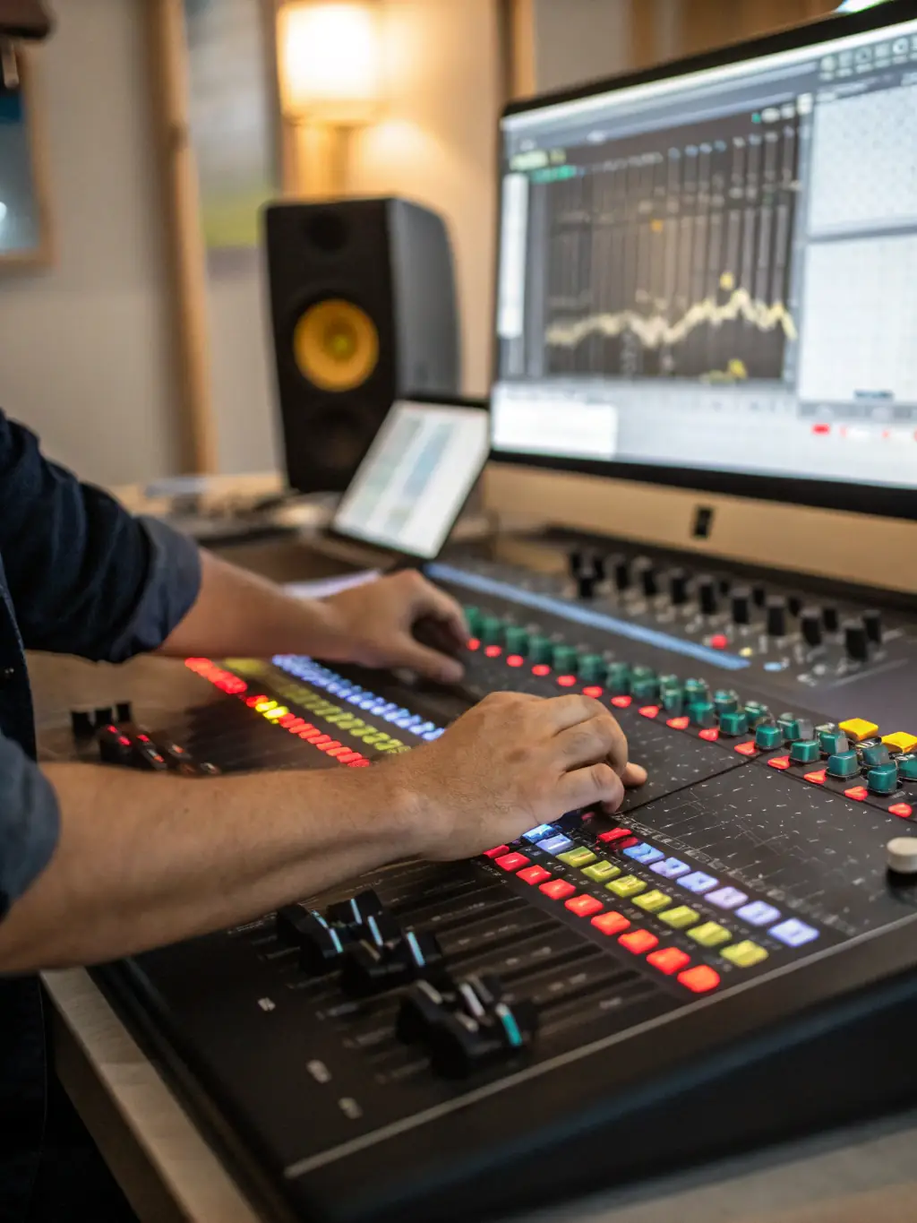 A dynamic shot of a music producer working at a mixing console, surrounded by state-of-the-art equipment, illustrating the music production process at Cardinal Sound Studios.