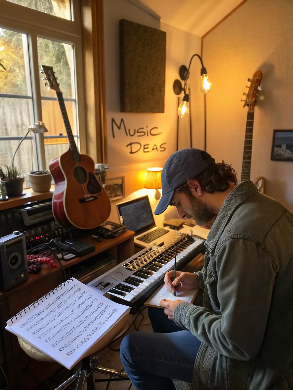A focused image of a songwriter deeply engaged in writing lyrics in a notebook, surrounded by musical instruments and a relaxed studio setting, capturing the essence of songwriting assistance at Cardinal Sound Studios.